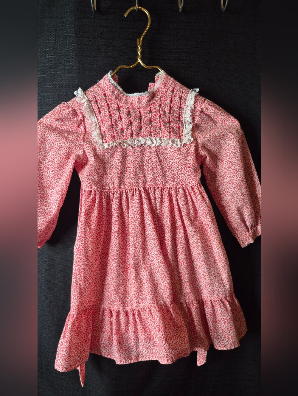 Pink Floral Long-Sleeve Smocked Kids Dress VINTAGE